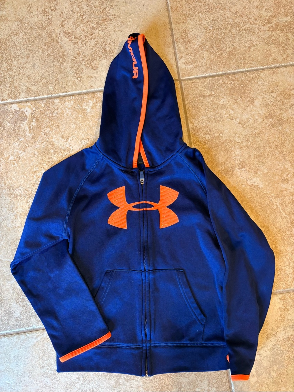 Under Armour Kids' Navy Blue Hooded Zip Sweatshirt with Orange Logo BOY size 7